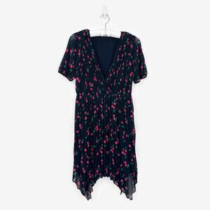 The Kooples Pleated Short Dress Large Dark Navy Blue Cherry Print Flowy Girlcore